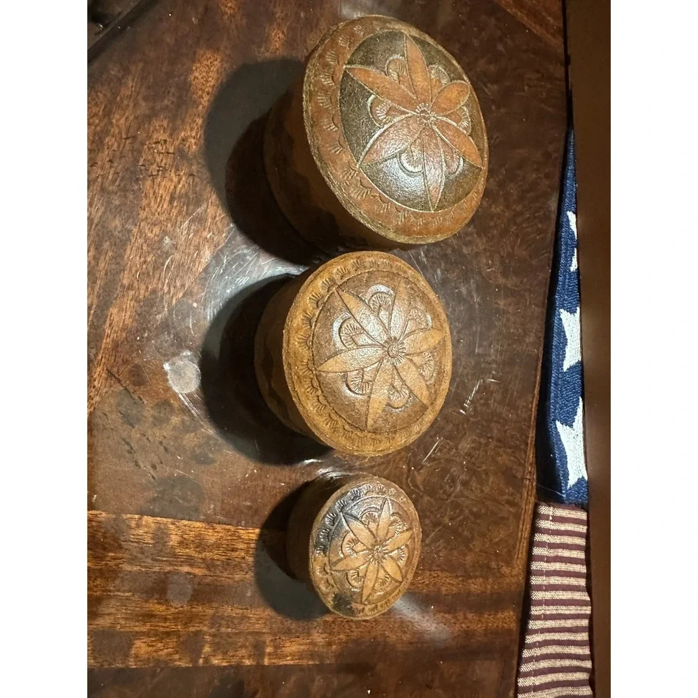 Vintage leather boxes Jewelry Nesting Round symbols Flower storage tooled